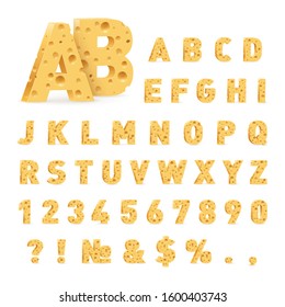 Font from Cheese. Letters, Numbers, and Symbols Made of Cheese. Illustration of Stylized Cute Alphabet Cartoon Cheese Letters to Make Your Text on White Background