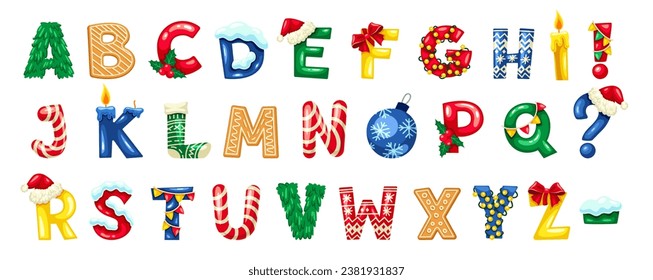 Font for Christmas set. Colorful letters with decorations and snow. Winter holidays and New Year. Graphic element for website. Cartoon flat vector collection isolated on white background