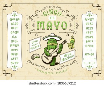 Font Cinco de Mayo. Craft retro vintage typeface design. Graphic display alphabet. Fantasy type letters. Latin characters, numbers. Vector illustration. Old badge, label, logo template.
