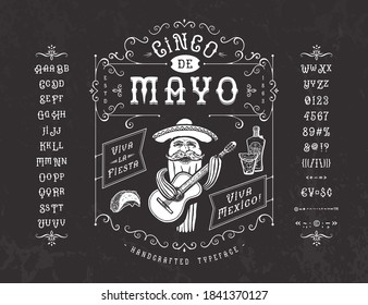 Font Cinco de Mayo. Craft retro vintage typeface design. Graphic display alphabet. Fantasy type letters. Latin characters, numbers. Vector illustration. Old badge, label, logo template.