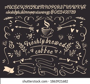 Font "coffee " is inspired by embellished vintage posters  and packaging design.Typeface work for logos, cafes, restaurants. Letters and numbers. Vector Illustration.