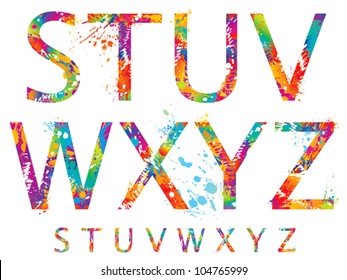 Font - Colorful letters with drops and splashes from S to Z. Vector illustration.