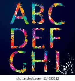 Font - Colorful letters with drops and splashes from A to I. Vector illustration.