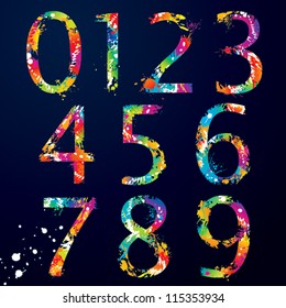 Font - Colorful numbers with drops and splashes from 0 to 9. Vector illustration.