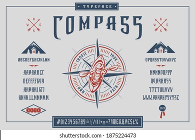 Font Compass. Craft retro vintage typeface design. Graphic display alphabet. Fantasy type letters. Latin characters, numbers. Vector illustration. Old badge, label, logo template.

