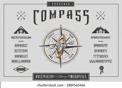 Font Compass. Craft retro vintage typeface design. Graphic display alphabet. Fantasy type letters. Latin characters, numbers. Vector illustration. Old badge, label, logo template.
