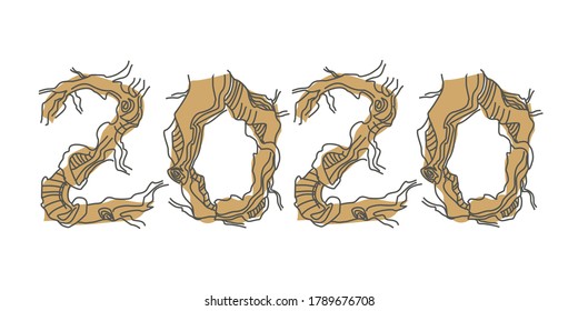 Font composition 2020 from snaggy numbers. Natural typography based on tree roots