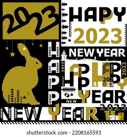 Font Composition Happy New Year 2023. Festive Background With A Bunny, Spruce Branches And A Snowman. Vector Illustration.