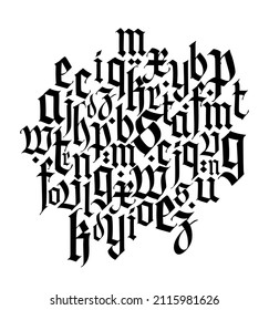 Composición de letra, gótica medieval. Vector. Gótica moderna europea. Letras negras sobre fondo blanco. Maleta inferior. Ornamento para el embalaje y la ropa.