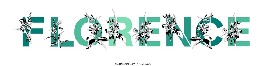   Font composition named FLORENCE. Decorative floral font in blue. Typography in the style of art nouveau, modern, vintage.