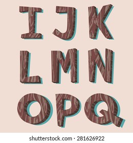 Font consisting of capital letters of the Latin alphabet with the texture of dark wood. Vector Letters I-Q.