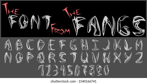 Font consisting of fangs and claws of various animals. Font for Halloween. Elements of wildlife and danger on Halloween. Fangs of wolves, bears and other animals. Vector image.