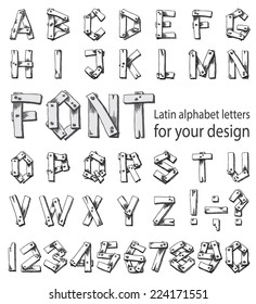 Font consisting of uppercase letters of the Latin alphabet and digits. Set of letters in freehand style. Vector illustration on the white background