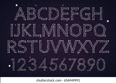 Font constellation space star, design, fashionable. Letters alphabet and numbers. vector