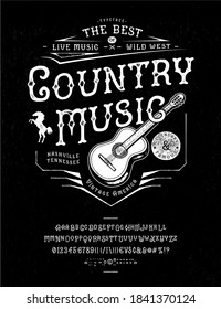 Font Country music. Craft retro vintage typeface design. Graphic display alphabet. Fantasy type letters. Latin characters, numbers. Vector illustration. Old badge, label, logo template.

