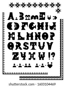 Font was created by hand. Vector alphabet with human silhouette and love symbol. Printed alphabet of your design: logo, font, card, wedding invitation. Some examples of frames with font elements