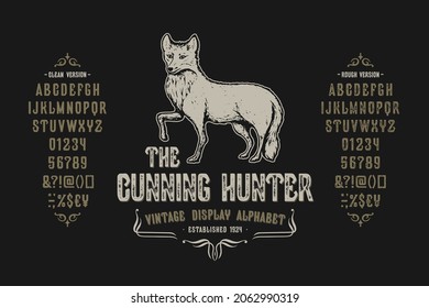 Font The Cunning Hunter. Craft retro vintage typeface design. Graphic display alphabet. Fantasy type letters. Latin characters, numbers. Vector illustration. Old badge, label, logo template.
