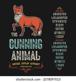 Font The Cunning Hunter. Craft retro vintage typeface design. Graphic display alphabet. Fantasy type letters. Latin characters, numbers. Vector illustration. Old badge, label, logo template. 