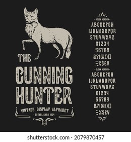 Font The Cunning Hunter. Craft Retro Vintage Typeface Design. Graphic Display Alphabet. Fantasy Type Letters. Latin Characters, Numbers. Vector Illustration. Old Badge, Label, Logo Template. 