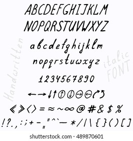 Font cursive italics. A set of uppercase and lowercase letters punctuation digits and hands.