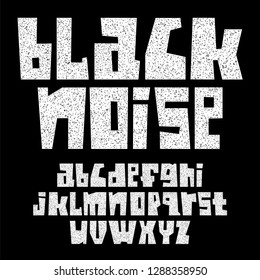 Font cut from sheets paper. Trendy thick alphabet, white vector letters with black noise, lowercase