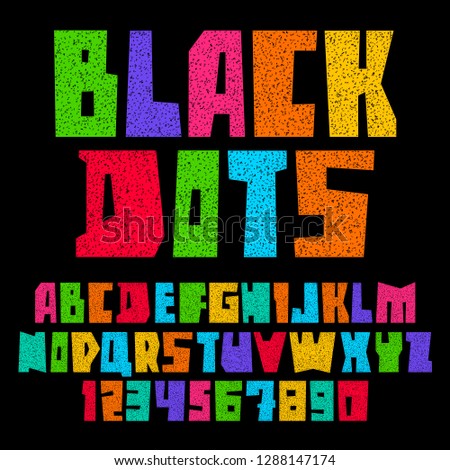 Font cut from sheets paper. Trendy alphabet, bright colored vector letters with white dots, uppercase