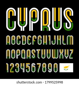Font Cyprus. Trendy bright alphabet, colorful letters on a gray background.
