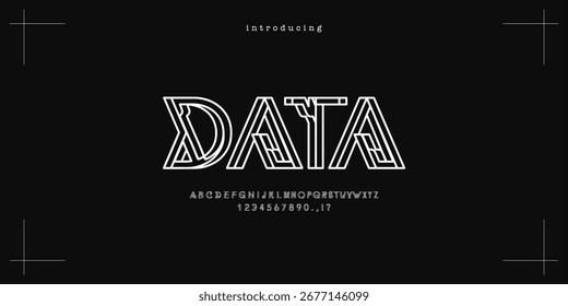 Font Data. Abstract Double line monogram alphabet and tech fonts. Lines font regular uppercase and lowercase. Vector illustration. Outline shape typeface modern futuristic
