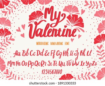 Font Valentine’s day. Typography alphabet with colorful cute illustrations. Handwritten script for holiday party celebration and crafty design. Vector with hand-drawn lettering.