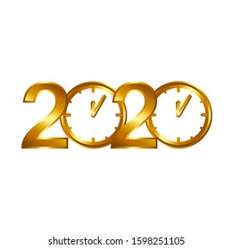font design 2020 elegant gold color, wall clock in the middle of the font. eps10 vector.