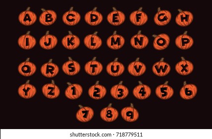 Font design alphabet vector image halloween style. Illustration alphabet letter orange pumpkin on black background. English alphabet vector. Alphabet letter pumpkin halloween isolated