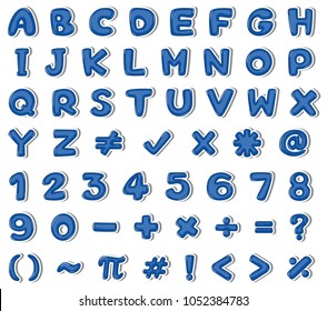 Font design for alphabets and numbers in blue illustration