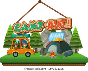 Font design for camp out with tent in the park illustration