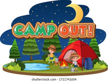 Font design for camp out with tent in the park illustration