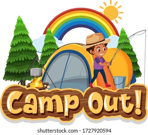 Font design for camp out with tent in the park illustration