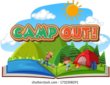 Font design for camp out with tent in the park illustration