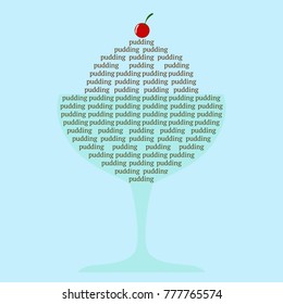 Font design. Delicious pudding decorated by cherry. Vector illustration