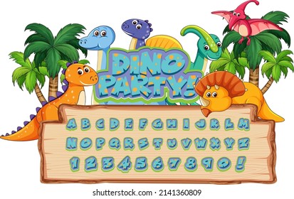Font design for english alphabets in dinosaur character on wood board illustration