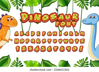 Font design for english alphabets in dinosaur character with jungle illustration
