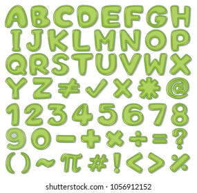 Font design for English alphabets and numbers in green illustration