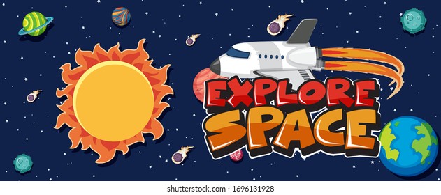 Diseño de fuentes para explorar el espacio con muchos planetas en ilustración espacial