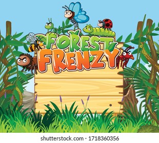 Font design for forest frenzy with many insects in the woods illustration