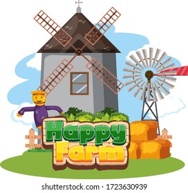 Font design for happy farm with barn and windmill illustration