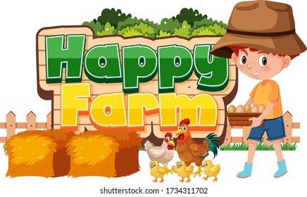 Font design for happy farm with boy and chicken illustration