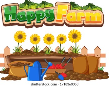 Font design for happy farm and sunflowers in the garden illustration