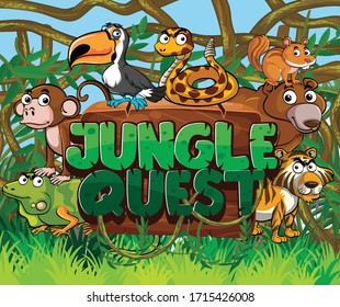 Font design for jungle quest with many wild animals in the forest background illustration