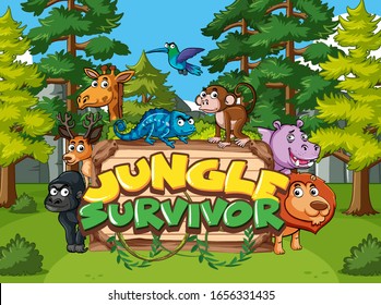 Font design for jungle survivor with animals in the jungle illustration