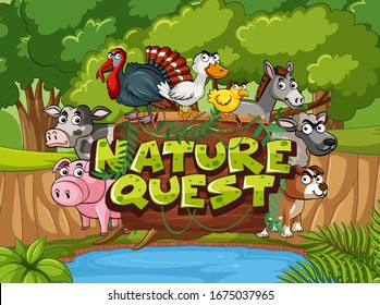 Font design for nature quest with animals and trees in background illustration