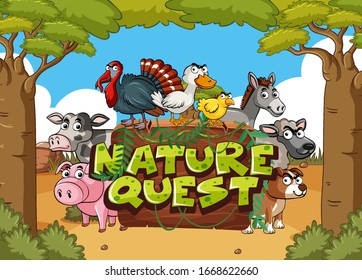 Font design for nature quest with farm animals in background illustration