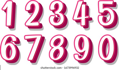 Font design for number one to zero on white background illustration